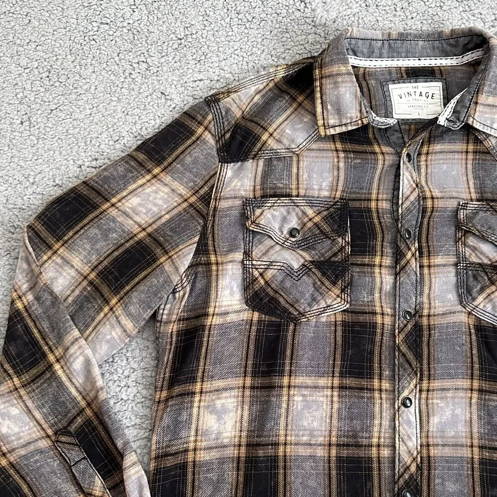 BKE Vintage Shirt Mens Large Brown Plaid Snap Yoke Spread Collar Point Pockets - Picture 3 of 14